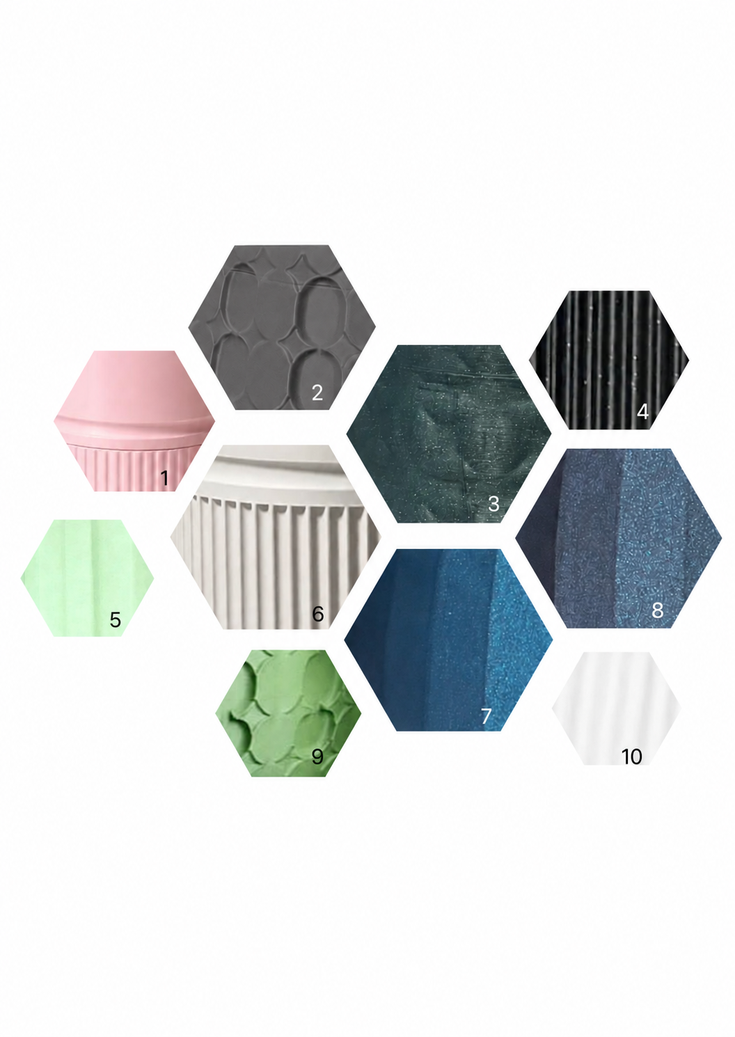Colour swatch showing 10 available colours for self-watering plant pots, displayed as hexagonal tiles