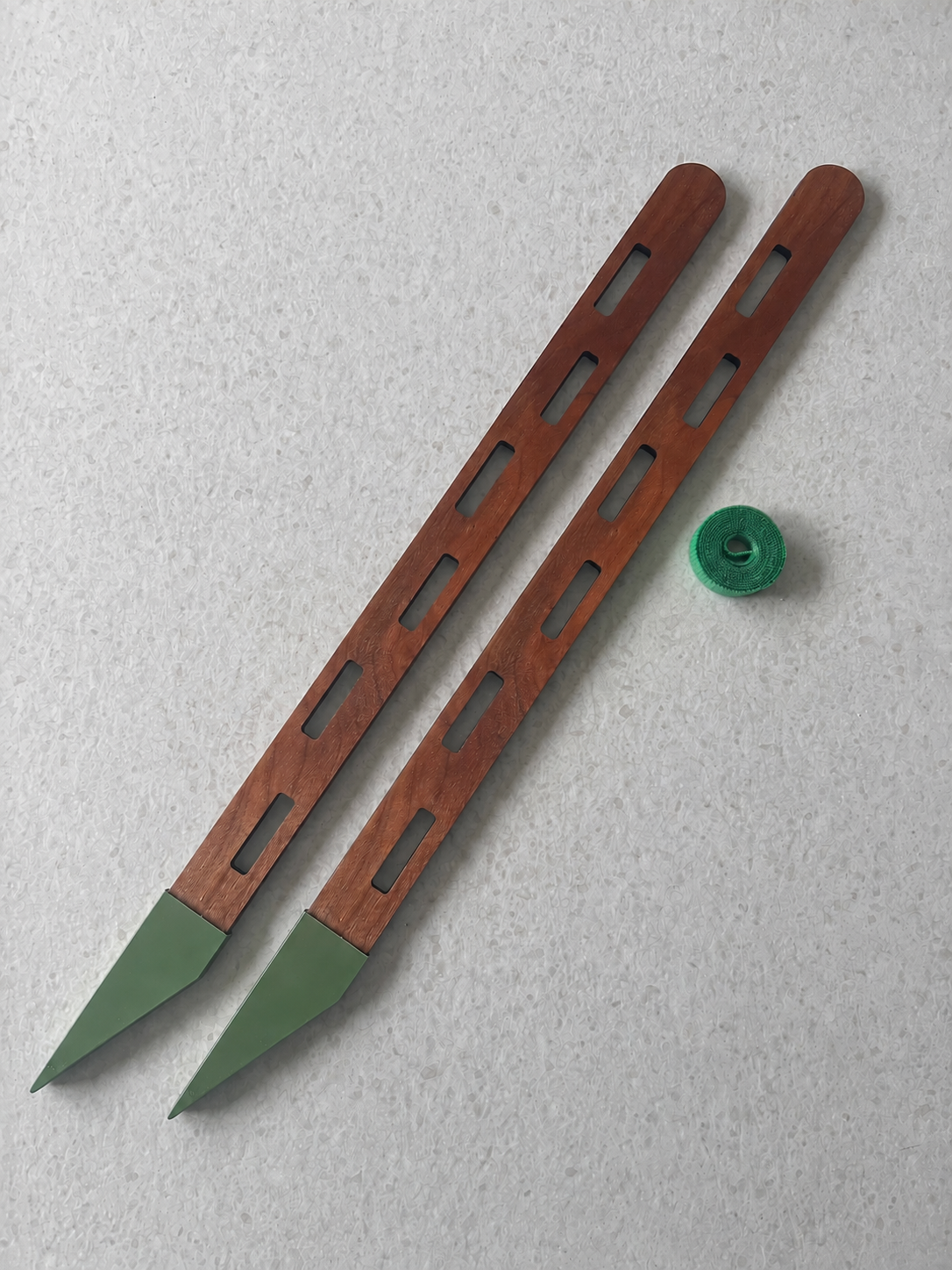 Axis – Western Red Cedar plant trellis for climbing houseplants, handmade in Cornwall. Shown as a pair with stake for substrate, and roll of plant velcro.