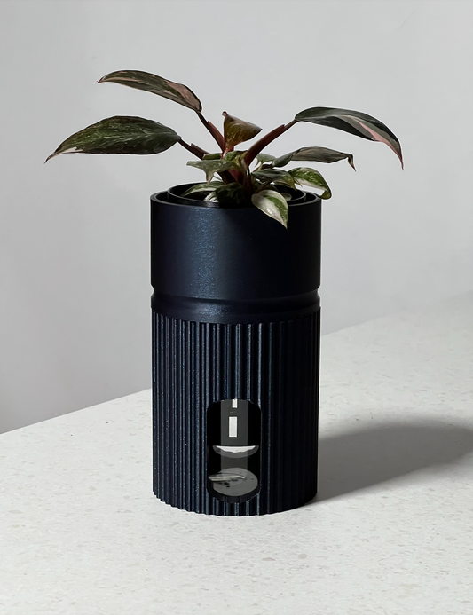 Midia self-watering plant pot in Midnight with small houseplant, 3D printed in Cornwall UK, designed for LECA and PON growing