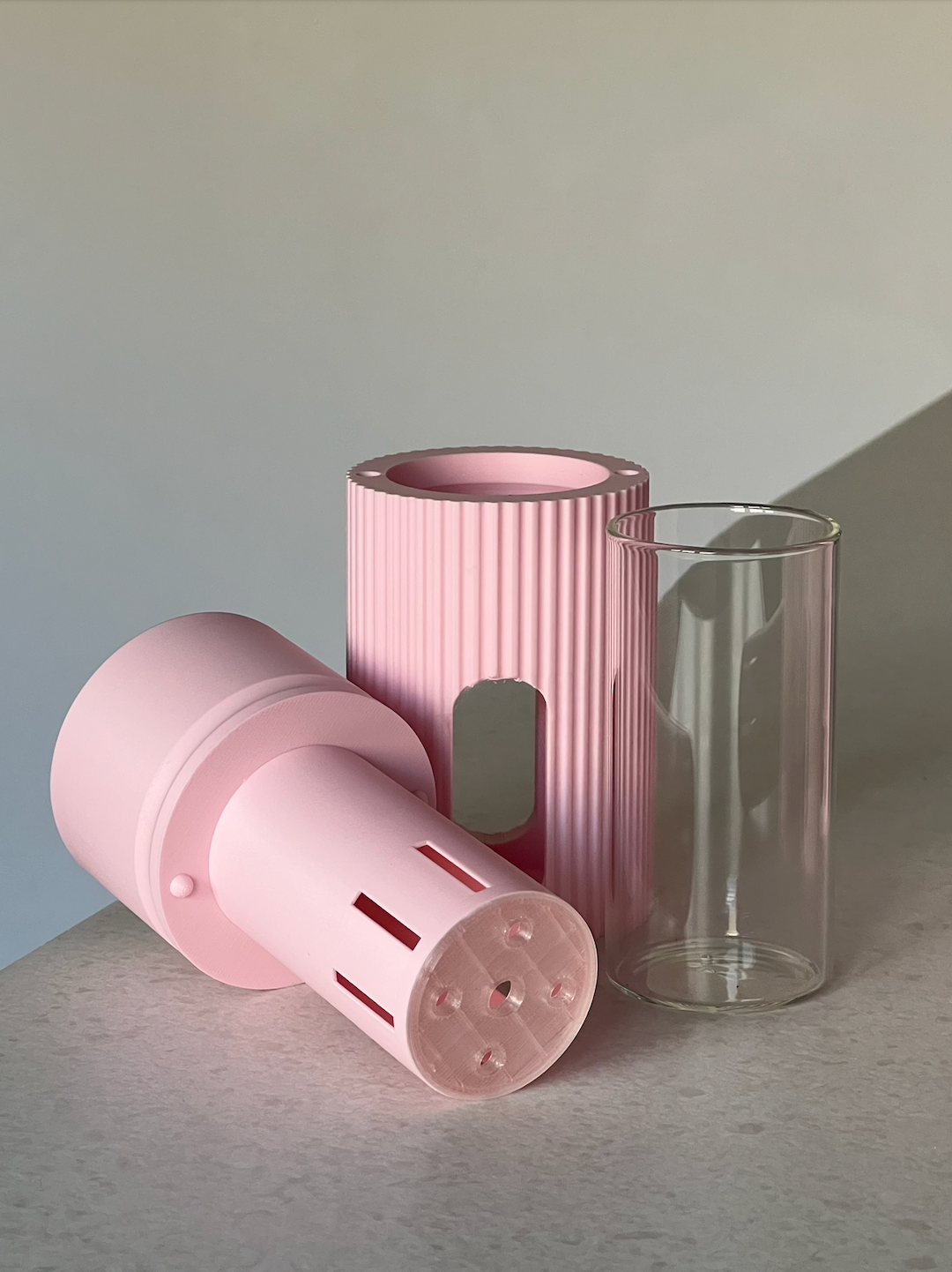 Minia self-watering plant pot in Pastel Pink, shown with liner and inner basker, ideal for propgations and plant pups, designed for LECA and PON growing
